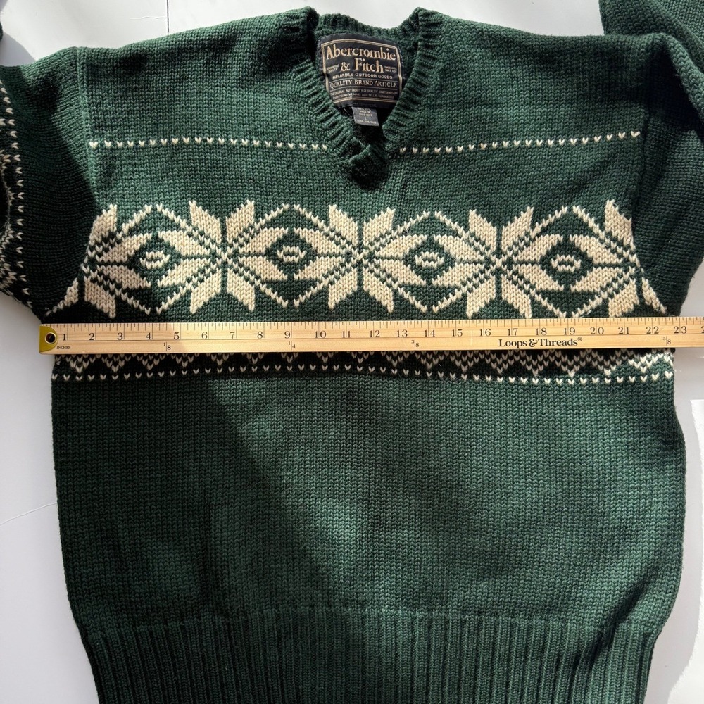 Vintage Abercrombie & Fitch Wool Sweater Green Fair Isle Nordic Ski Snowflake L - Picture 11 of 11